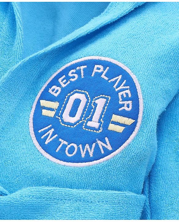 Babyhug Terry Cotton Knit Full Sleeves Bathrobe with Hood & Best Player In Town Embroidery - Light Blue