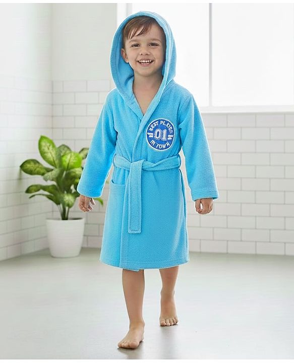 Babyhug Terry Cotton Knit Full Sleeves Bathrobe with Hood & Best Player In Town Embroidery - Light Blue