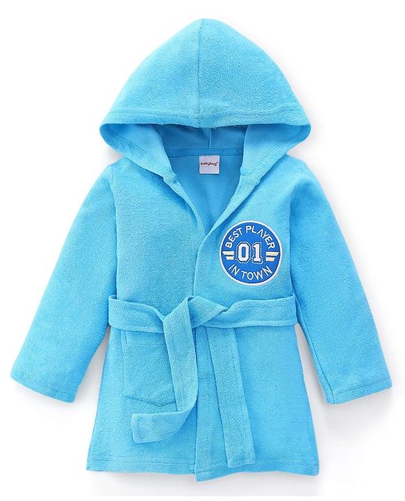 Babyhug Terry Cotton Knit Full Sleeves Bathrobe with Hood & Best Player In Town Embroidery - Light Blue