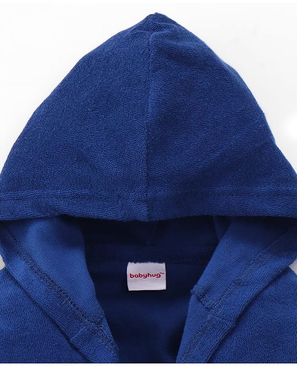 Babyhug Cotton Knit Full Sleeves Hooded Bathrobe with Bear Embroidery - Navy Blue