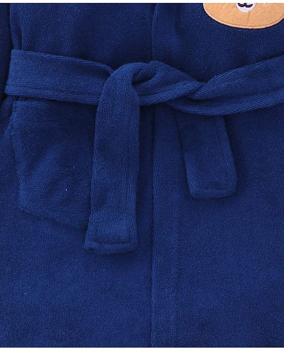 Babyhug Cotton Knit Full Sleeves Hooded Bathrobe with Bear Embroidery - Navy Blue