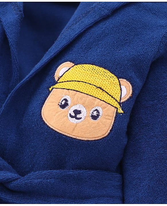 Babyhug Cotton Knit Full Sleeves Hooded Bathrobe with Bear Embroidery - Navy Blue
