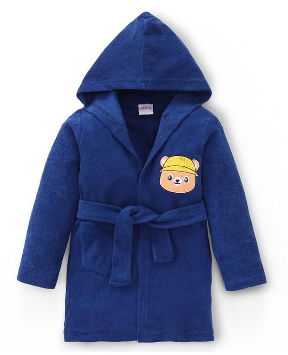Babyhug Cotton Knit Full Sleeves Hooded Bathrobe with Bear Embroidery - Navy Blue