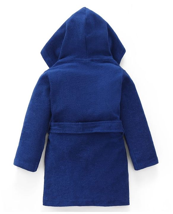 Babyhug Cotton Knit Full Sleeves Hooded Bathrobe with Bear Embroidery - Navy Blue