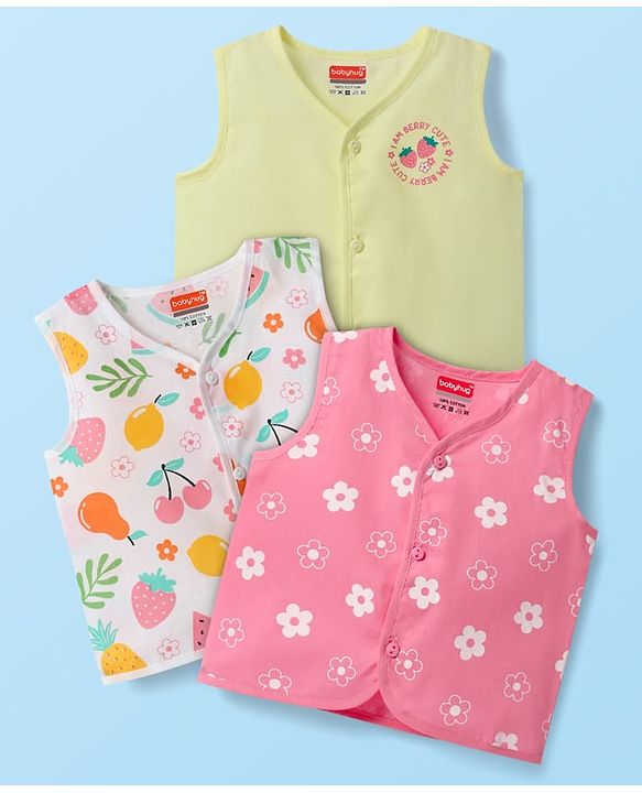 Babyhug 100% Cotton Cambric Woven Sleeveless Jhablas With Floral Print Pack Of 3 - Pink White & Olive Green