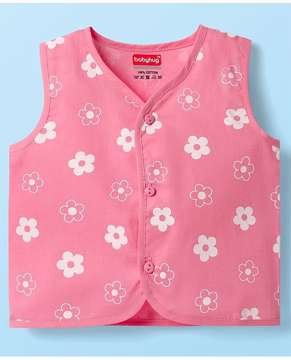 Babyhug 100% Cotton Cambric Woven Sleeveless Jhablas With Floral Print Pack Of 3 - Pink White & Olive Green