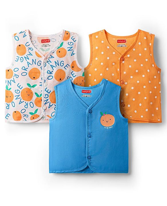 Babyhug 100% Cotton Knit Sleeveless Front Open Jhablas with Orange & Polka Dots Print Pack of 3 - Orange Blue & White
