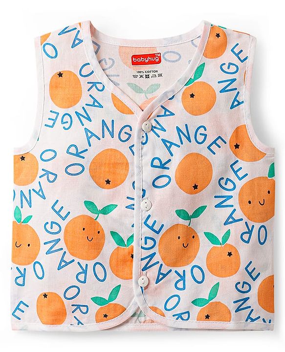 Babyhug 100% Cotton Knit Sleeveless Front Open Jhablas with Orange & Polka Dots Print Pack of 3 - Orange Blue & White