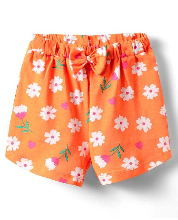Babyhug Cotton Knit Half Sleeves Shorts Night Suit With  Floral Print - Orange