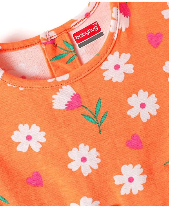 Babyhug Cotton Knit Half Sleeves Shorts Night Suit With  Floral Print - Orange