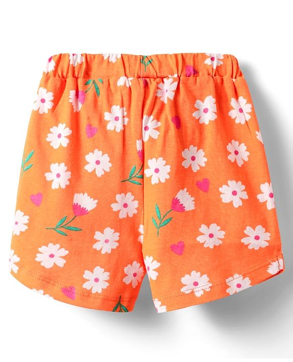 Babyhug Cotton Knit Half Sleeves Shorts Night Suit With  Floral Print - Orange