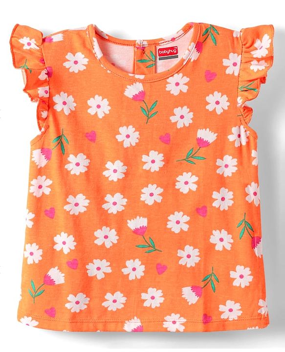 Babyhug Cotton Knit Half Sleeves Shorts Night Suit With  Floral Print - Orange