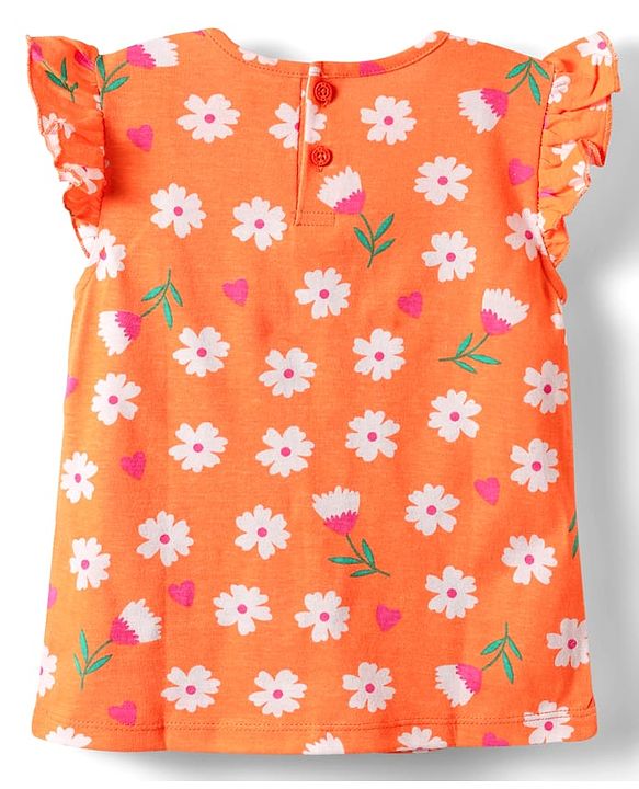 Babyhug Cotton Knit Half Sleeves Shorts Night Suit With  Floral Print - Orange