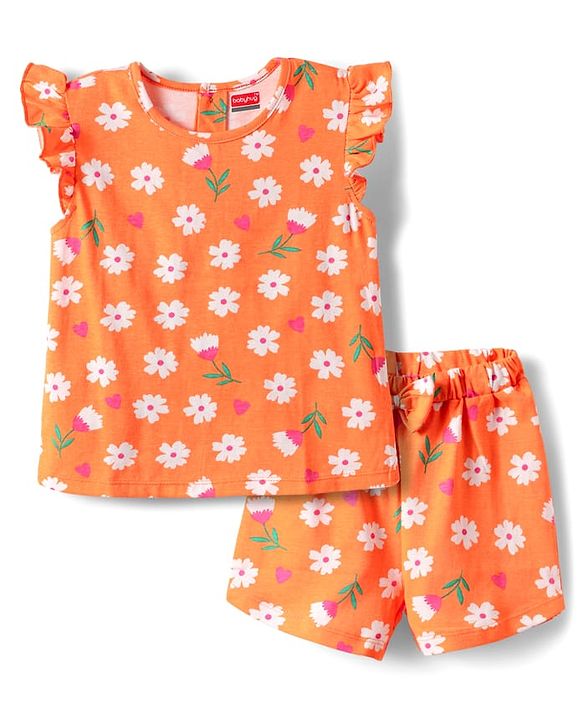 Babyhug Cotton Knit Half Sleeves Shorts Night Suit With  Floral Print - Orange