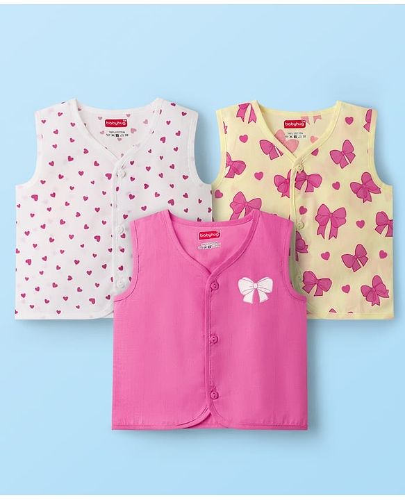 Babyhug 100% Cotton Sleeveless Front Open Jhablas With Butterfly & Hearts Print Pack Of 3 - Dark Pink Yellow & White