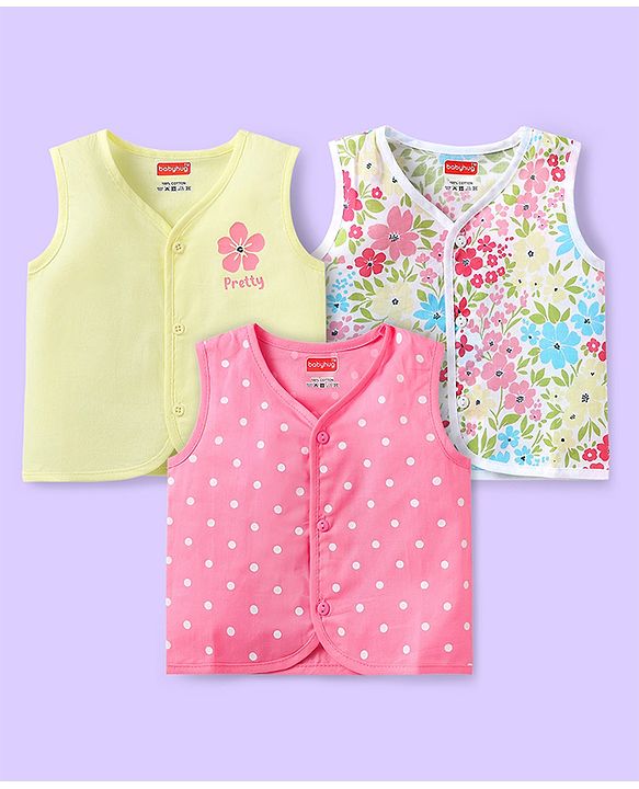 Babyhug 100% Cotton Sleeveless Front Open Jhablas with Stripes & Animal Print Pack of 3 - White & Neon Green