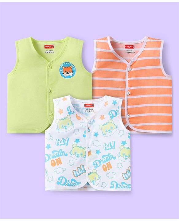 Babyhug 100% Cotton Sleeveless Front Open Jhablas with Floral & Polka Dots Pack of 3 - Pink & Yellow
