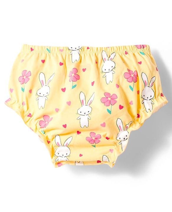 Babyhug Single Jersey Knit Frill Sleeves Frock with Bloomer & Bunny Print - Yellow