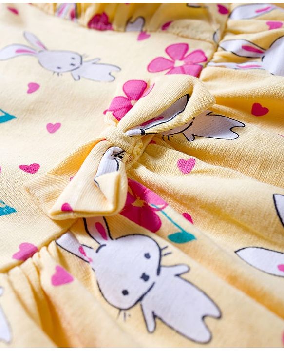 Babyhug Single Jersey Knit Frill Sleeves Frock with Bloomer & Bunny Print - Yellow