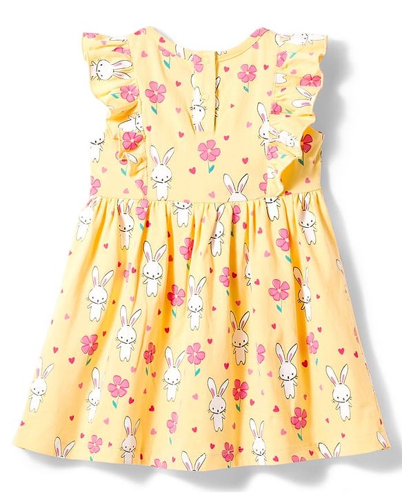 Babyhug Single Jersey Knit Frill Sleeves Frock with Bloomer & Bunny Print - Yellow