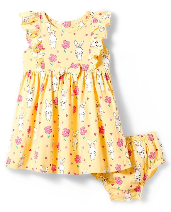 Babyhug Single Jersey Knit Frill Sleeves Frock with Bloomer & Bunny Print - Yellow