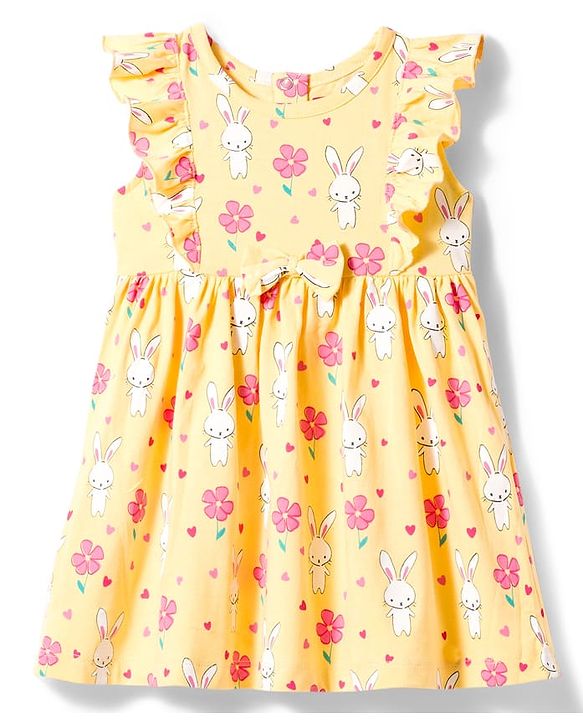 Babyhug Single Jersey Knit Frill Sleeves Frock with Bloomer & Bunny Print - Yellow