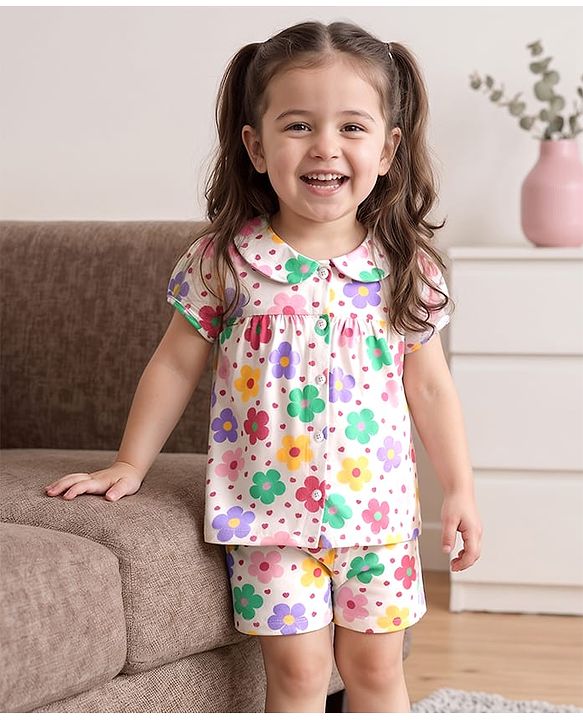 Babyhug Cotton Knit Half Sleeves Shorts Night Suit With  Floral Print - White