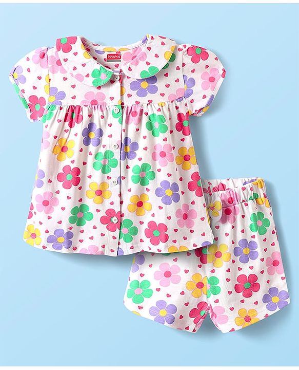 Babyhug Cotton Knit Half Sleeves Shorts Night Suit With  Floral Print - White