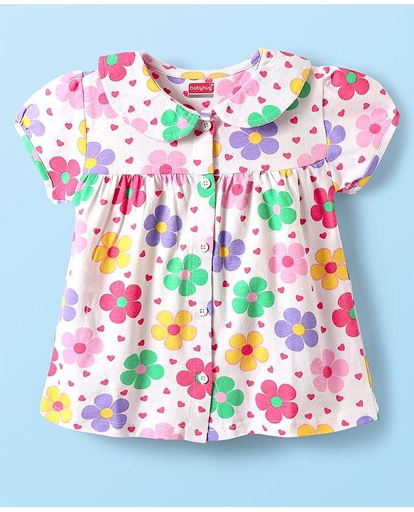 Babyhug Cotton Knit Half Sleeves Shorts Night Suit With  Floral Print - White