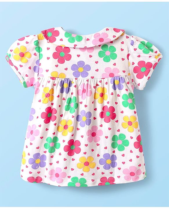 Babyhug Cotton Knit Half Sleeves Shorts Night Suit With  Floral Print - White