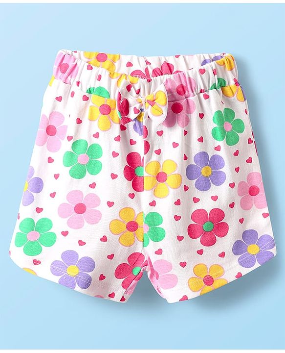 Babyhug Cotton Knit Half Sleeves Shorts Night Suit With  Floral Print - White