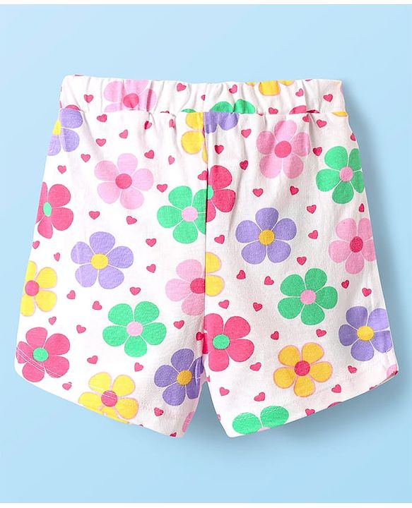 Babyhug Cotton Knit Half Sleeves Shorts Night Suit With  Floral Print - White
