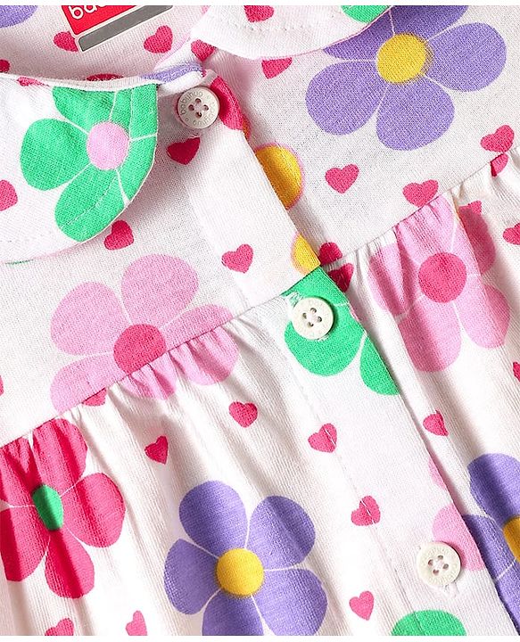 Babyhug Cotton Knit Half Sleeves Shorts Night Suit With  Floral Print - White