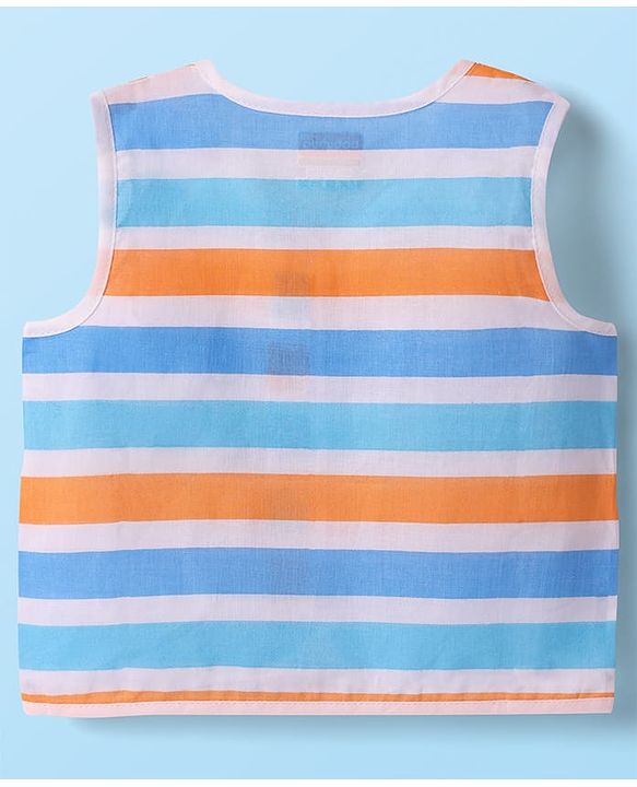 Babyhug 100% Cotton Sleeveless Front Open Stripes & Dino Printed Jhablas Pack Of 3 - Orange White & Light Blue