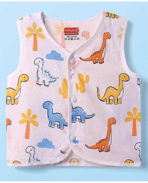 Babyhug 100% Cotton Sleeveless Front Open Stripes & Dino Printed Jhablas Pack Of 3 - Orange White & Light Blue