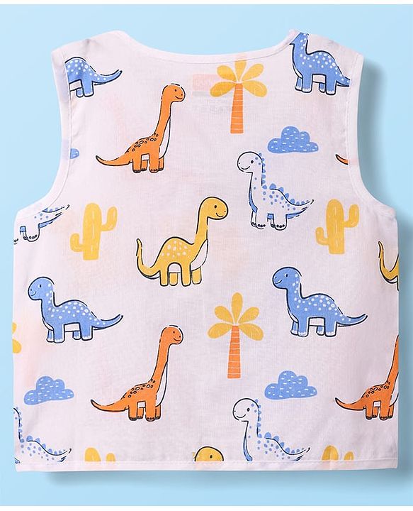 Babyhug 100% Cotton Sleeveless Front Open Stripes & Dino Printed Jhablas Pack Of 3 - Orange White & Light Blue