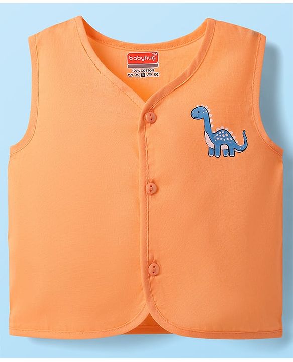 Babyhug 100% Cotton Sleeveless Front Open Stripes & Dino Printed Jhablas Pack Of 3 - Orange White & Light Blue