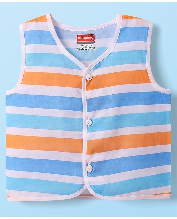 Babyhug 100% Cotton Sleeveless Front Open Stripes & Dino Printed Jhablas Pack Of 3 - Orange White & Light Blue