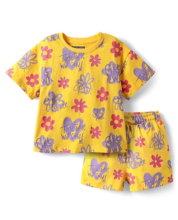 Pine Kids Single Jersey Knit Half Sleeves Shorts Night Suit with Floral Print - Yellow