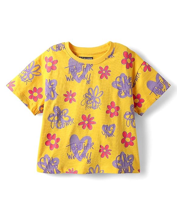 Pine Kids Single Jersey Knit Half Sleeves Shorts Night Suit with Floral Print - Yellow