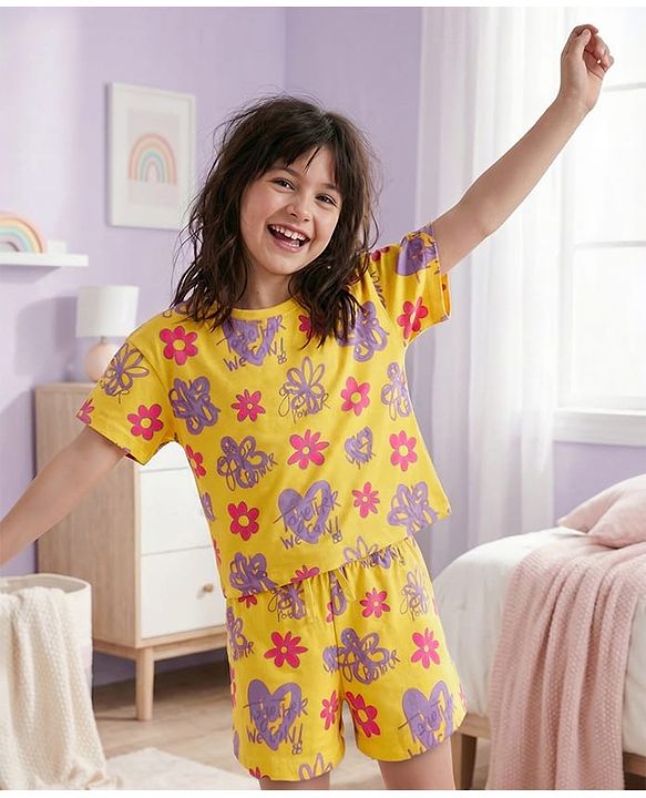 Pine Kids Single Jersey Knit Half Sleeves Shorts Night Suit with Floral Print - Yellow