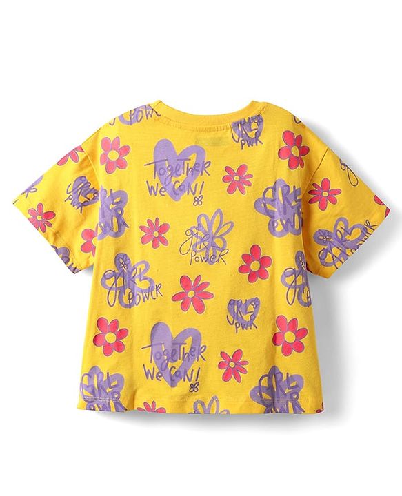 Pine Kids Single Jersey Knit Half Sleeves Shorts Night Suit with Floral Print - Yellow