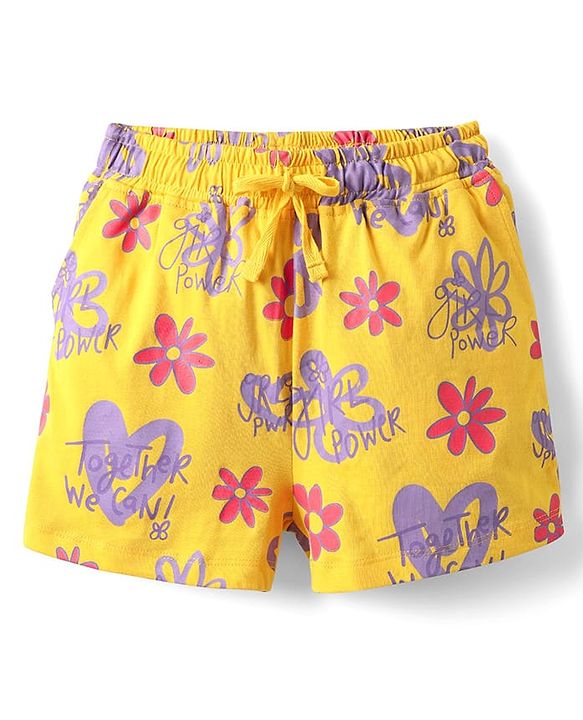 Pine Kids Single Jersey Knit Half Sleeves Shorts Night Suit with Floral Print - Yellow