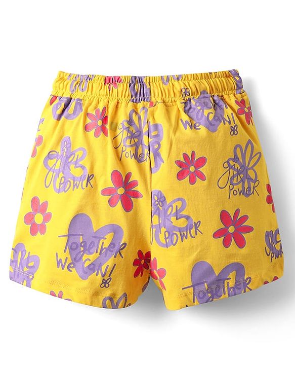 Pine Kids Single Jersey Knit Half Sleeves Shorts Night Suit with Floral Print - Yellow
