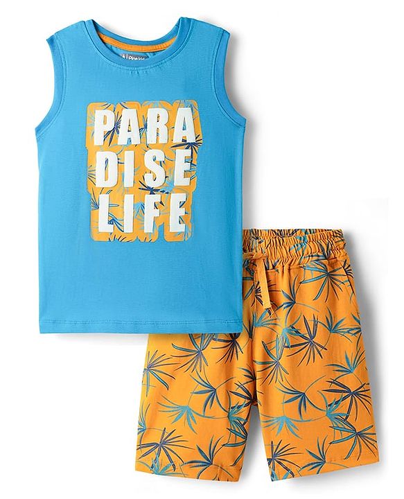 Pine Kids Single Jersey Knit Sleeveless Shorts Night Suit With Tree Print - Light Blue