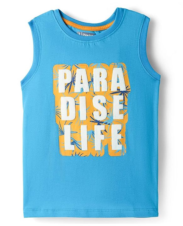 Pine Kids Single Jersey Knit Sleeveless Shorts Night Suit With Tree Print - Light Blue