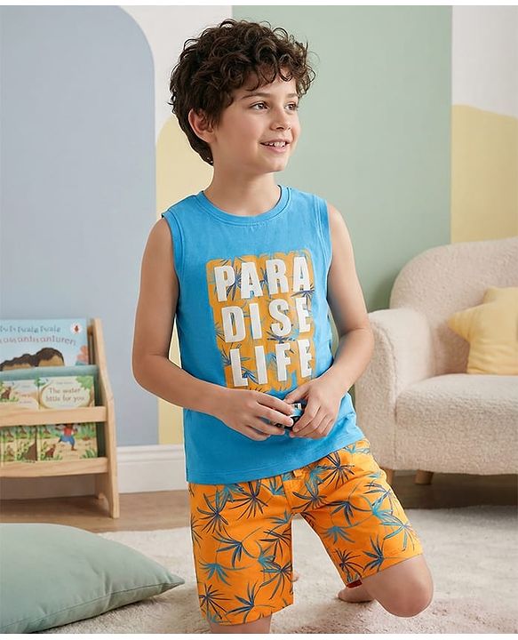 Pine Kids Single Jersey Knit Sleeveless Shorts Night Suit With Tree Print - Light Blue