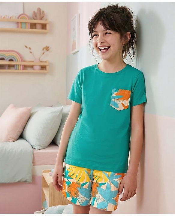 Pine Kids Single Jersey Knit Half Sleeves Shorts Night Suit With Leaf Print - Sea Green