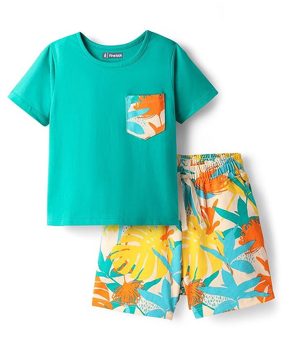 Pine Kids Single Jersey Knit Half Sleeves Shorts Night Suit With Leaf Print - Sea Green