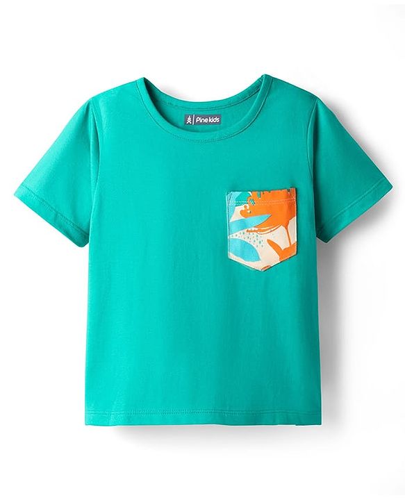 Pine Kids Single Jersey Knit Half Sleeves Shorts Night Suit With Leaf Print - Sea Green